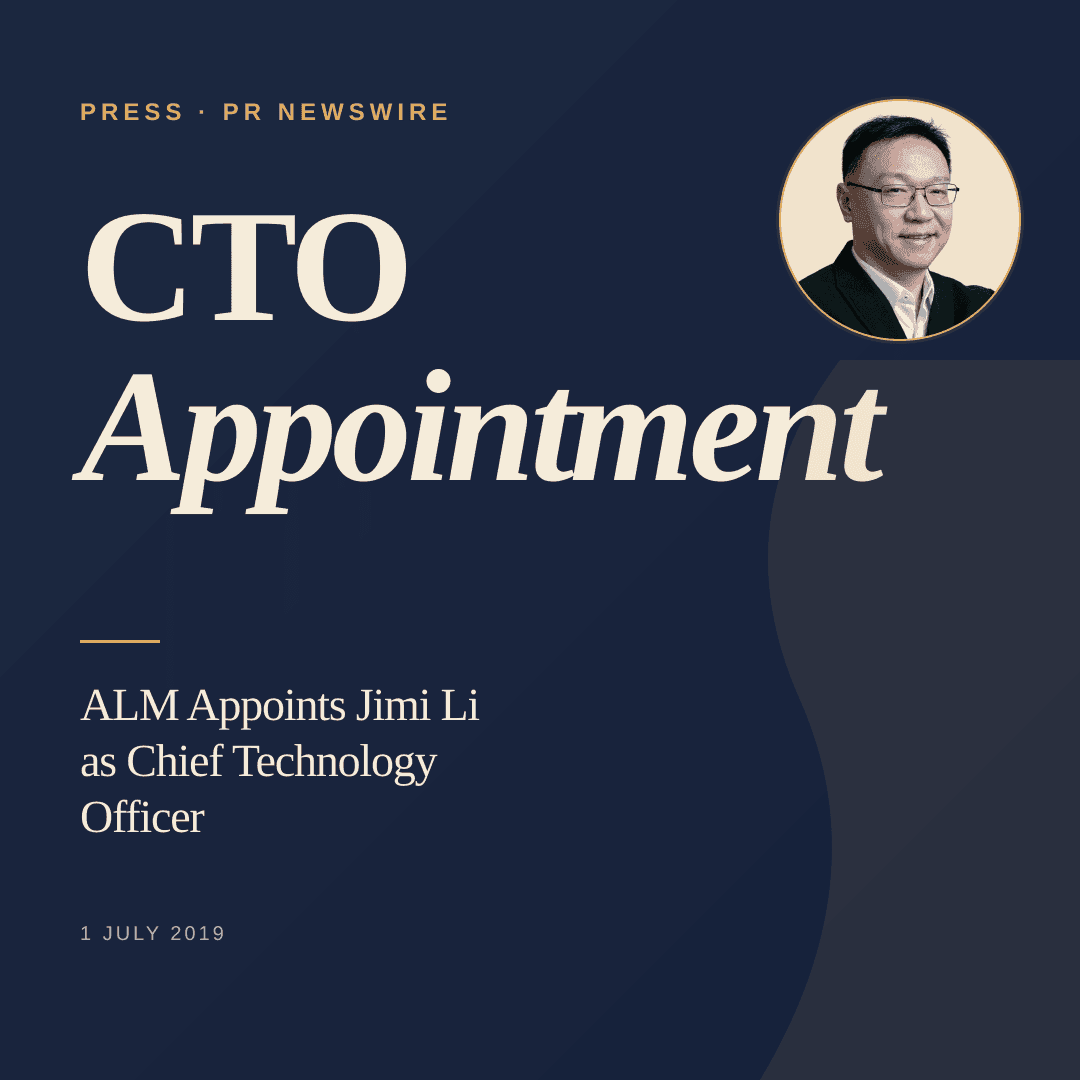 Editorial card for the 2019 PR Newswire announcement: 'ALM Appoints Jimi Li as Chief Technology Officer.'