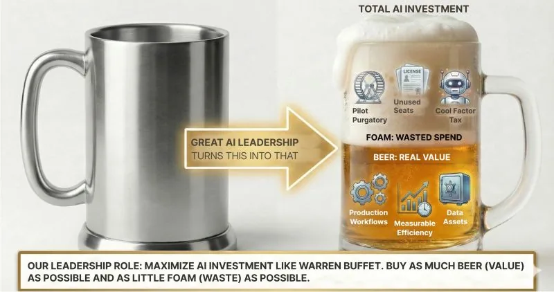 Conceptual graphic for the beer-in-a-metal-mug analogy on choosing the right AI tools