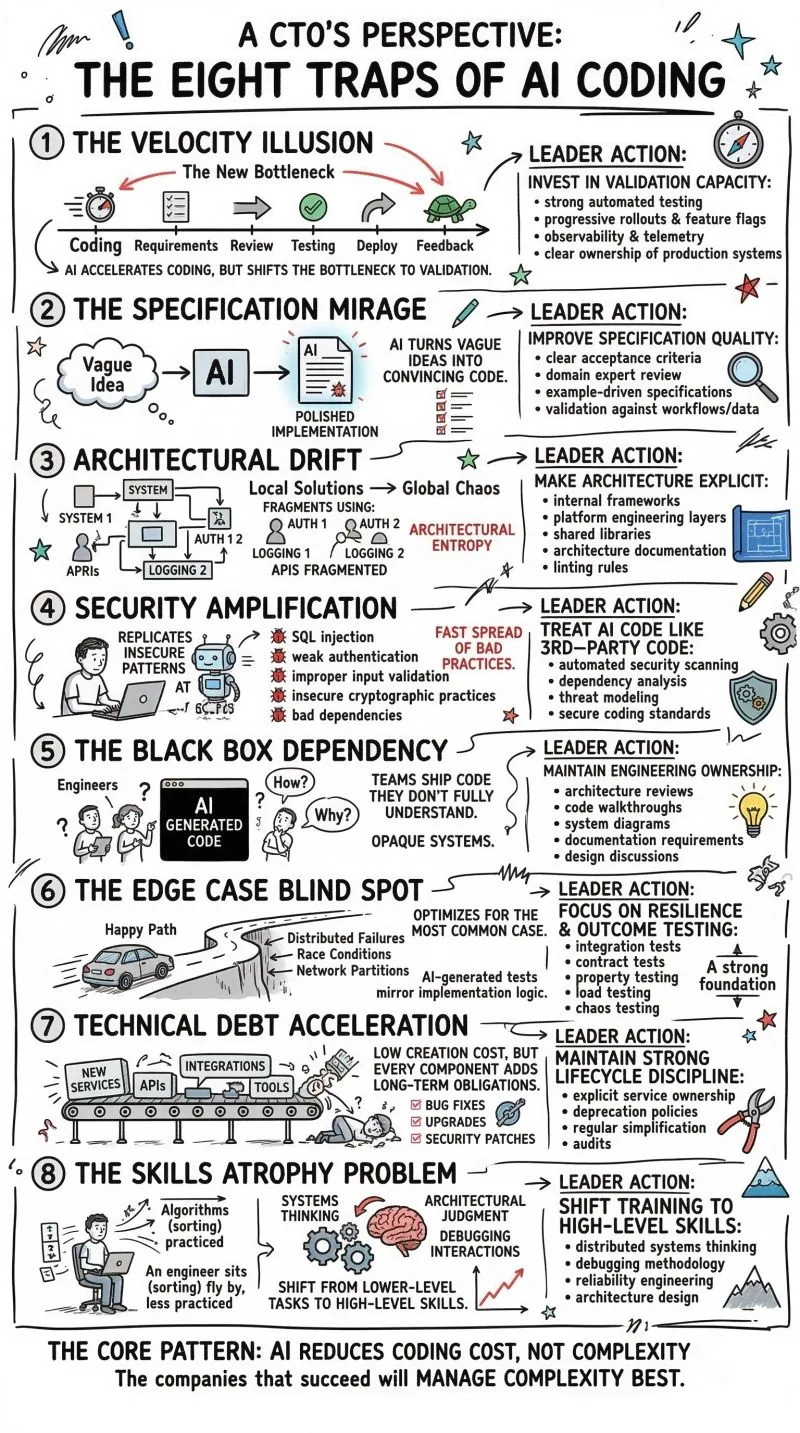 Infographic summarizing the eight common traps of AI-assisted coding