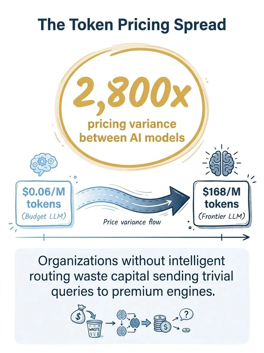The token pricing spread - 2,800× variance between AI models, from $0.06/M tokens (budget LLM) to $168/M tokens (frontier LLM).
