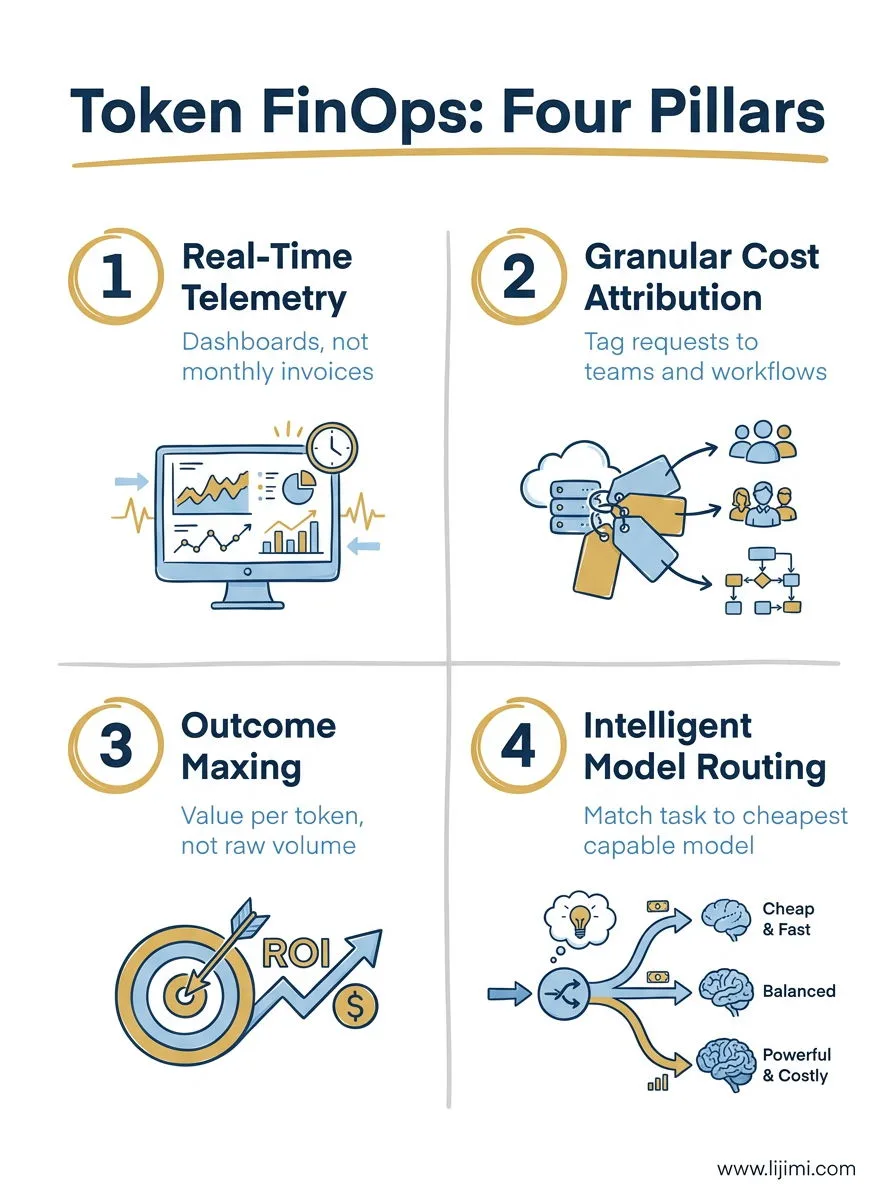 Token FinOps four pillars: real-time telemetry, granular cost attribution, outcome maxing, intelligent model routing.